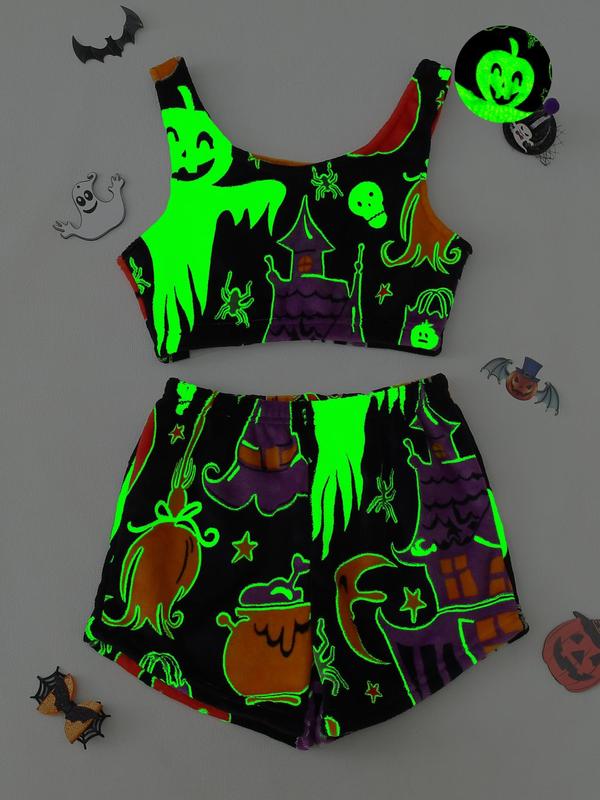 Two-piece Set Women's Reflective Cartoon Print Crop Tank Top & Elastic Waist Shorts Flannel Pyjama, Fluffy Pajamas, Casual Comfortable Sleeveless Top & Shorts Loungewear Set, Ladies Sleepwear, Halloween Pajamas